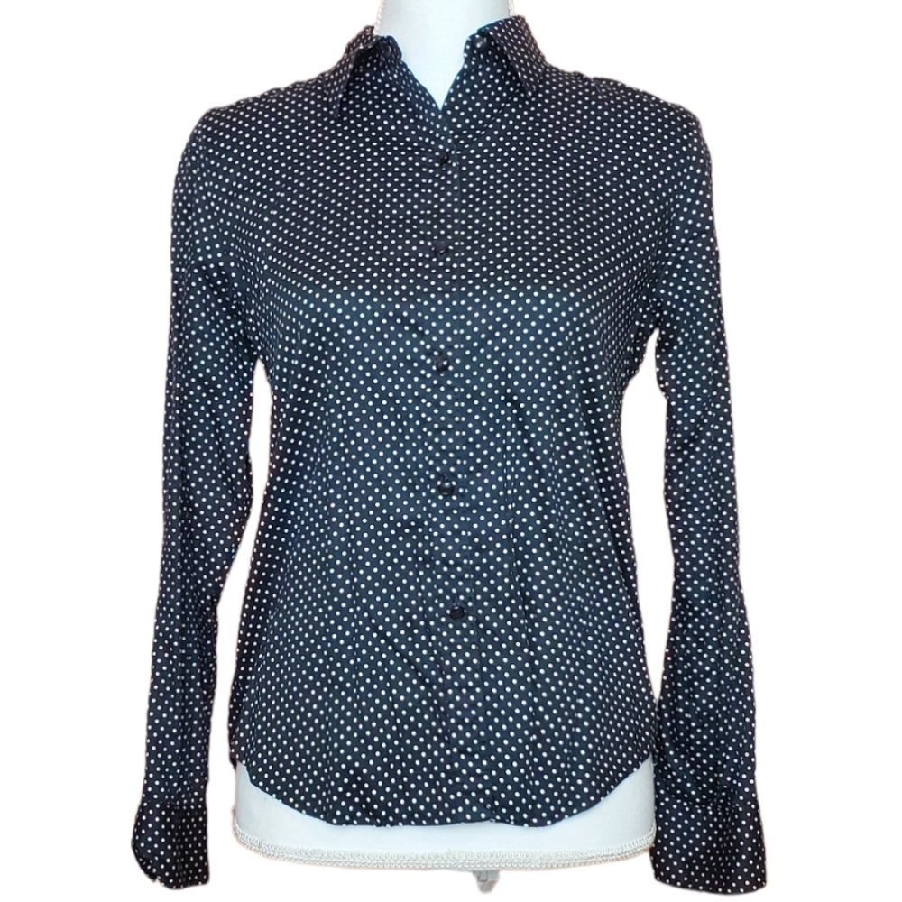 Lauren Ralph Lauren Black & White Polka Dot Button Up Long Sleeve Business Top